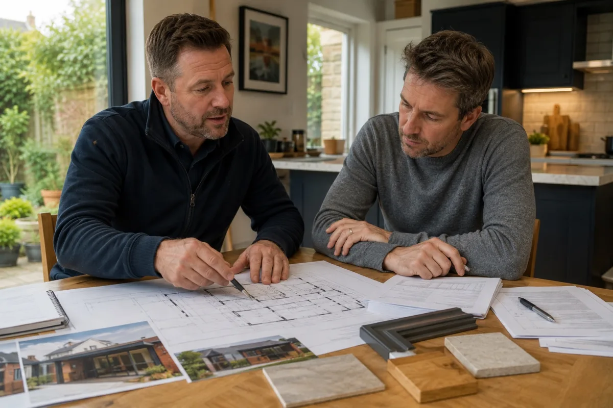 Builder reviewing extension drawings with a homeowner before preparing a quote