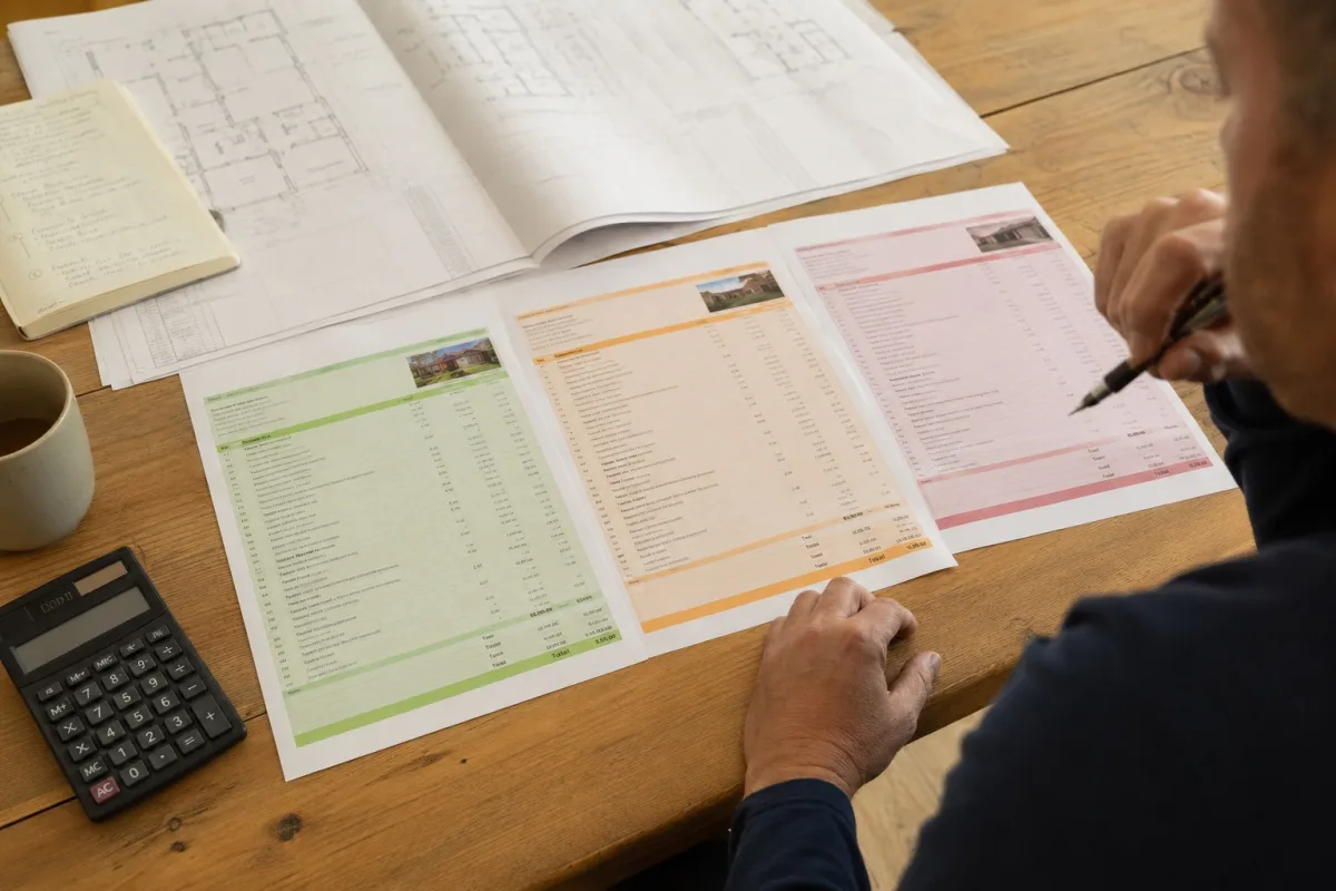 Homeowner comparing three builder quotes to understand the risk of choosing the cheapest price