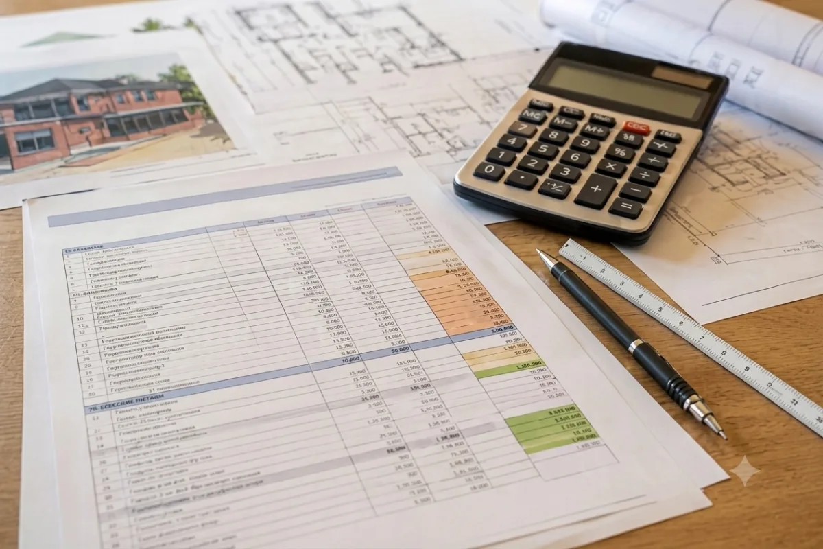 Detailed builder quote cost breakdown with calculator and architectural plans