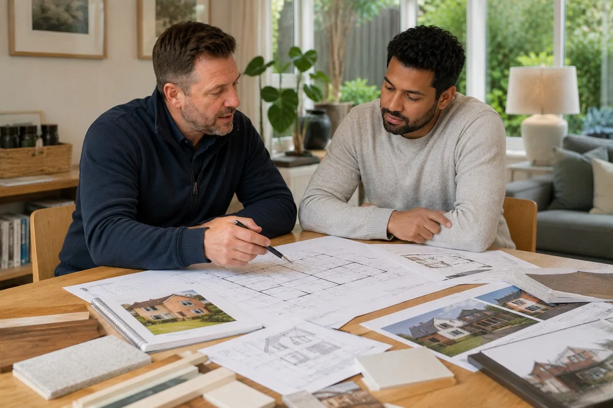 Builder reviewing house extension plans with a homeowner before starting a project