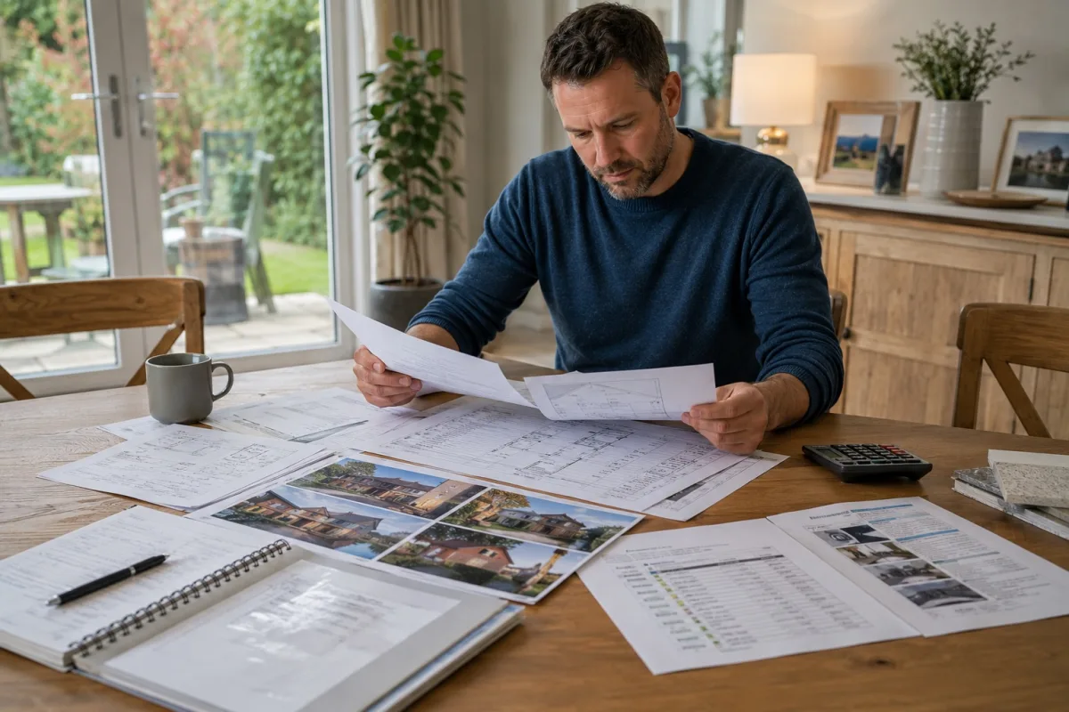 Homeowner checking builder quotes references and project documents before hiring