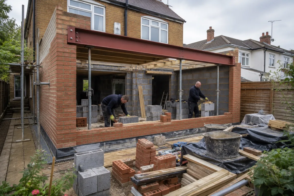 Local builder working on a house extension under construction in South East England