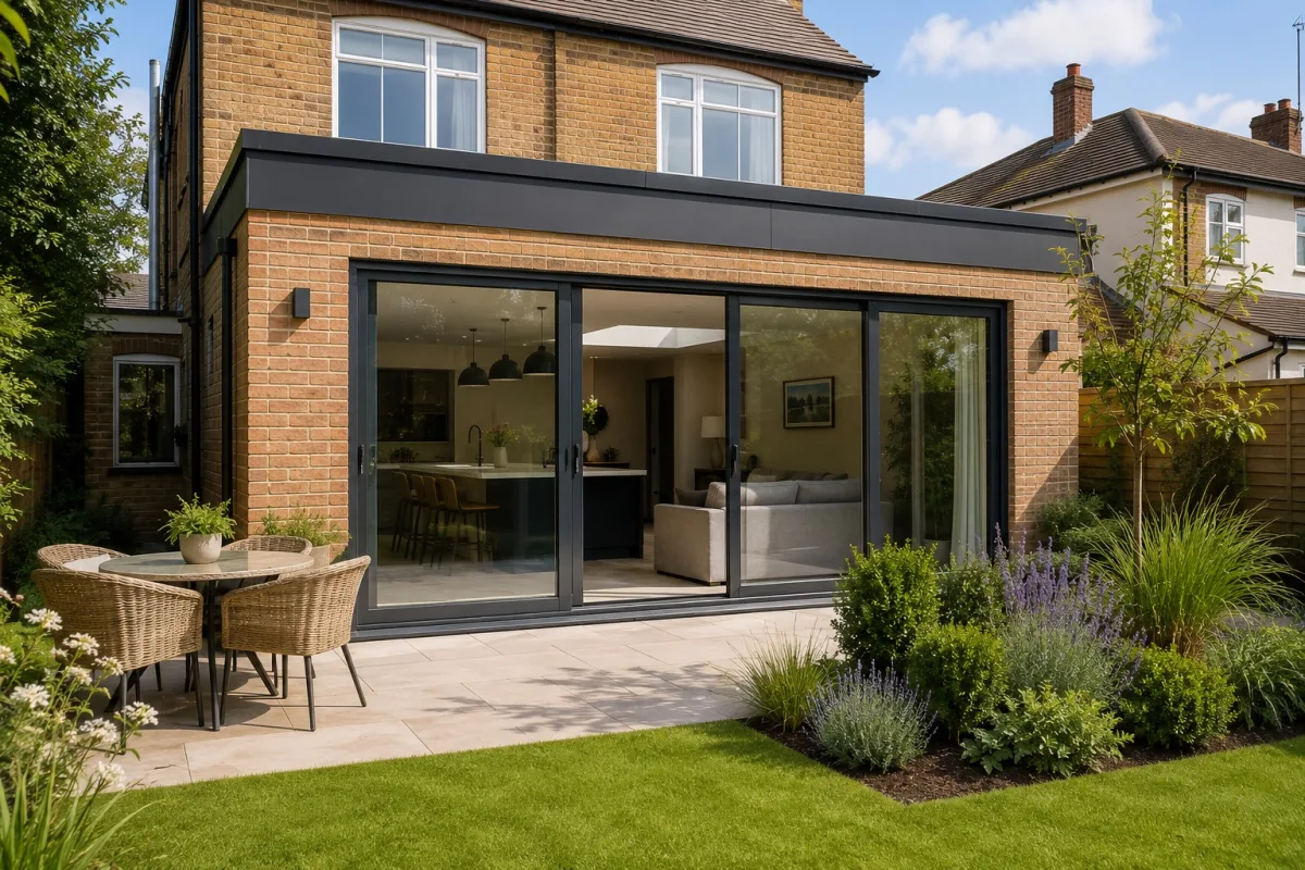 Finished house extension in South East England with modern glazing and garden access