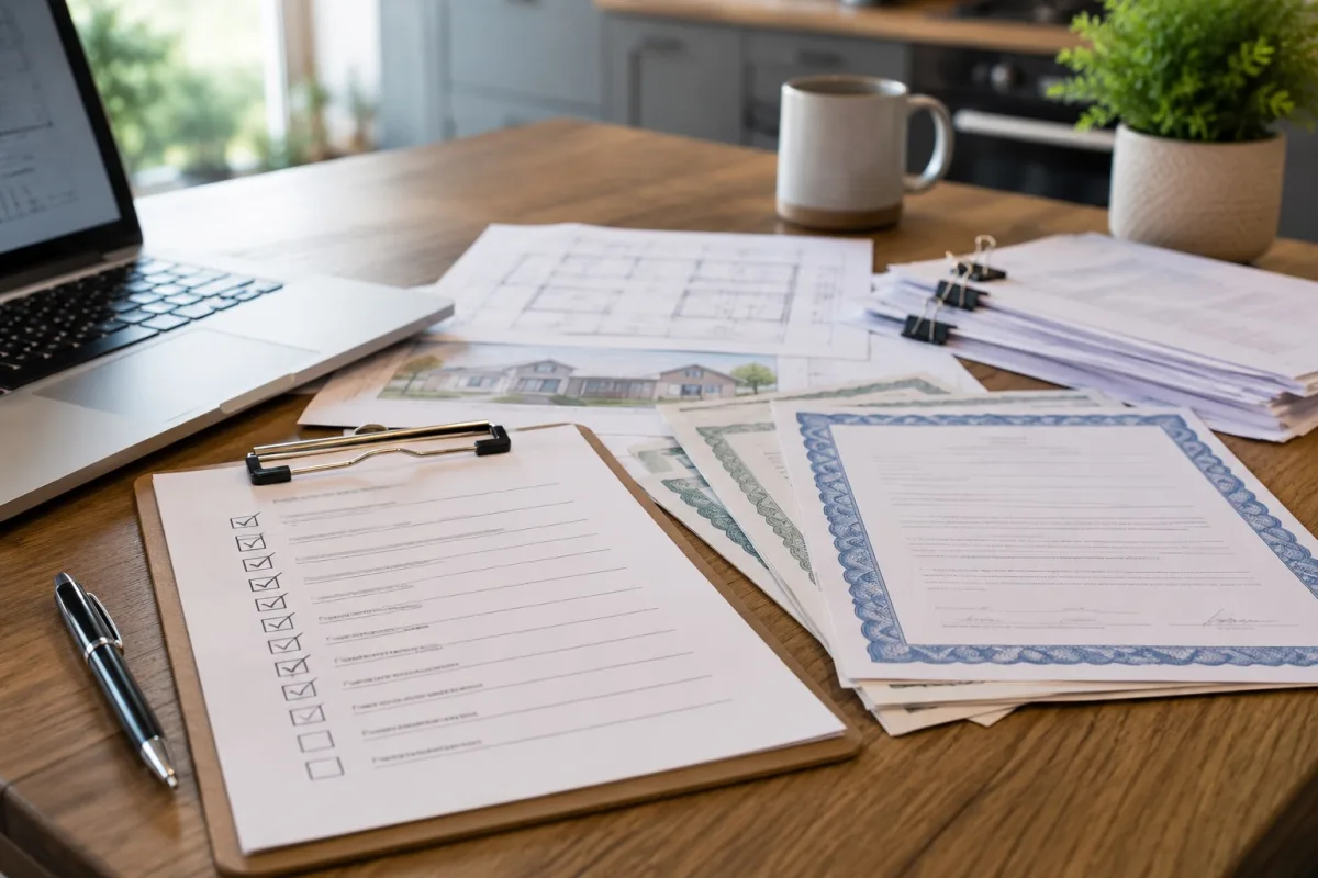 Builder insurance checklist and project documents on a table before signing a contract