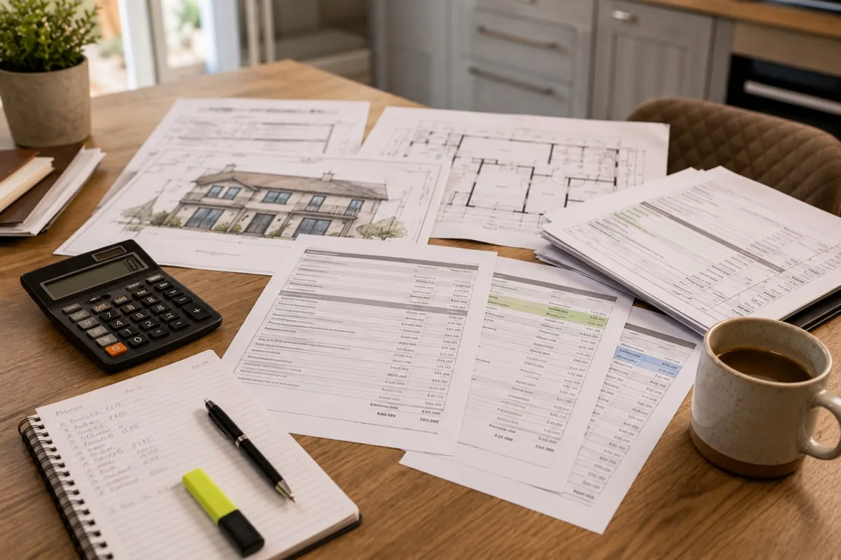 Builder quote comparison with house drawings, calculator and cost documents