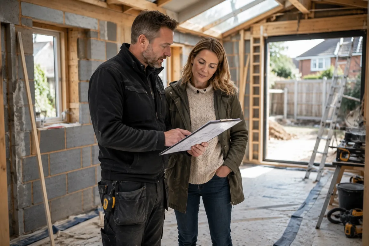 Builder and homeowner reviewing project details during a house extension site meeting