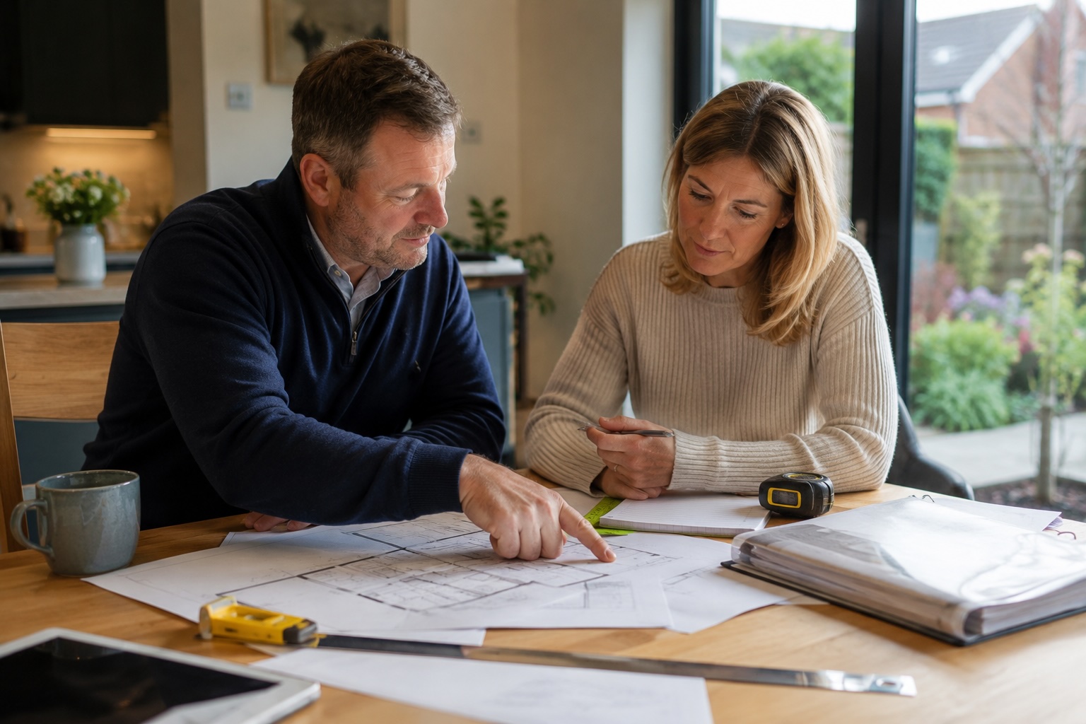 Homeowner reviewing extension drawings and builder quote details in Kent
