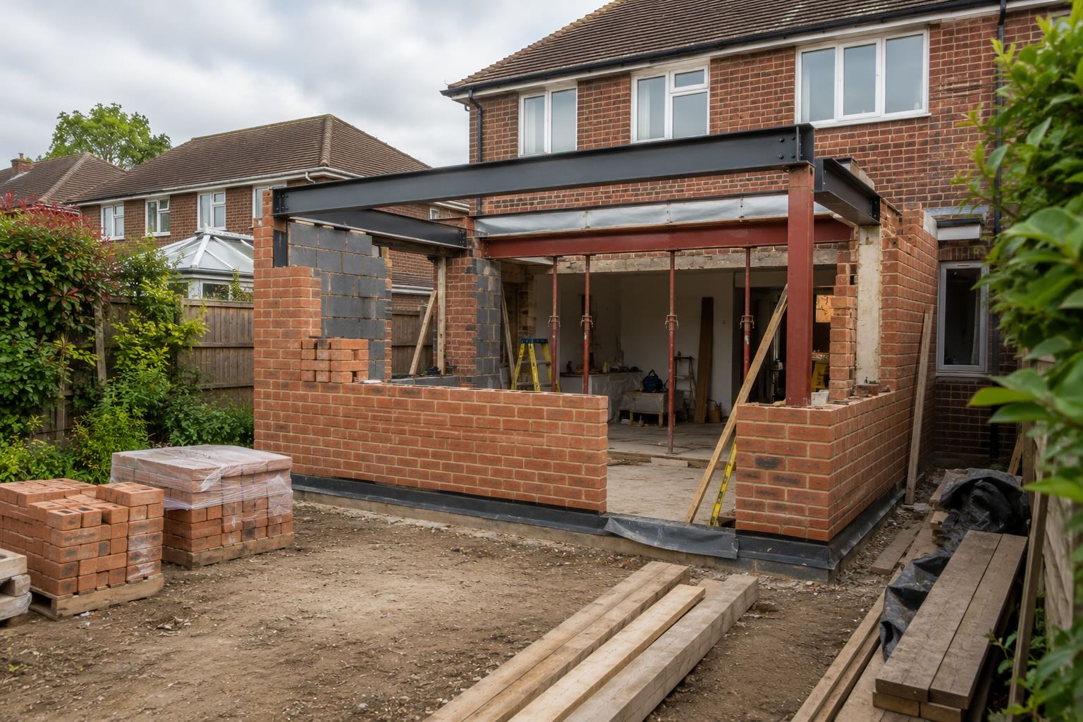 Kent house extension under construction with brickwork and structural steel beams