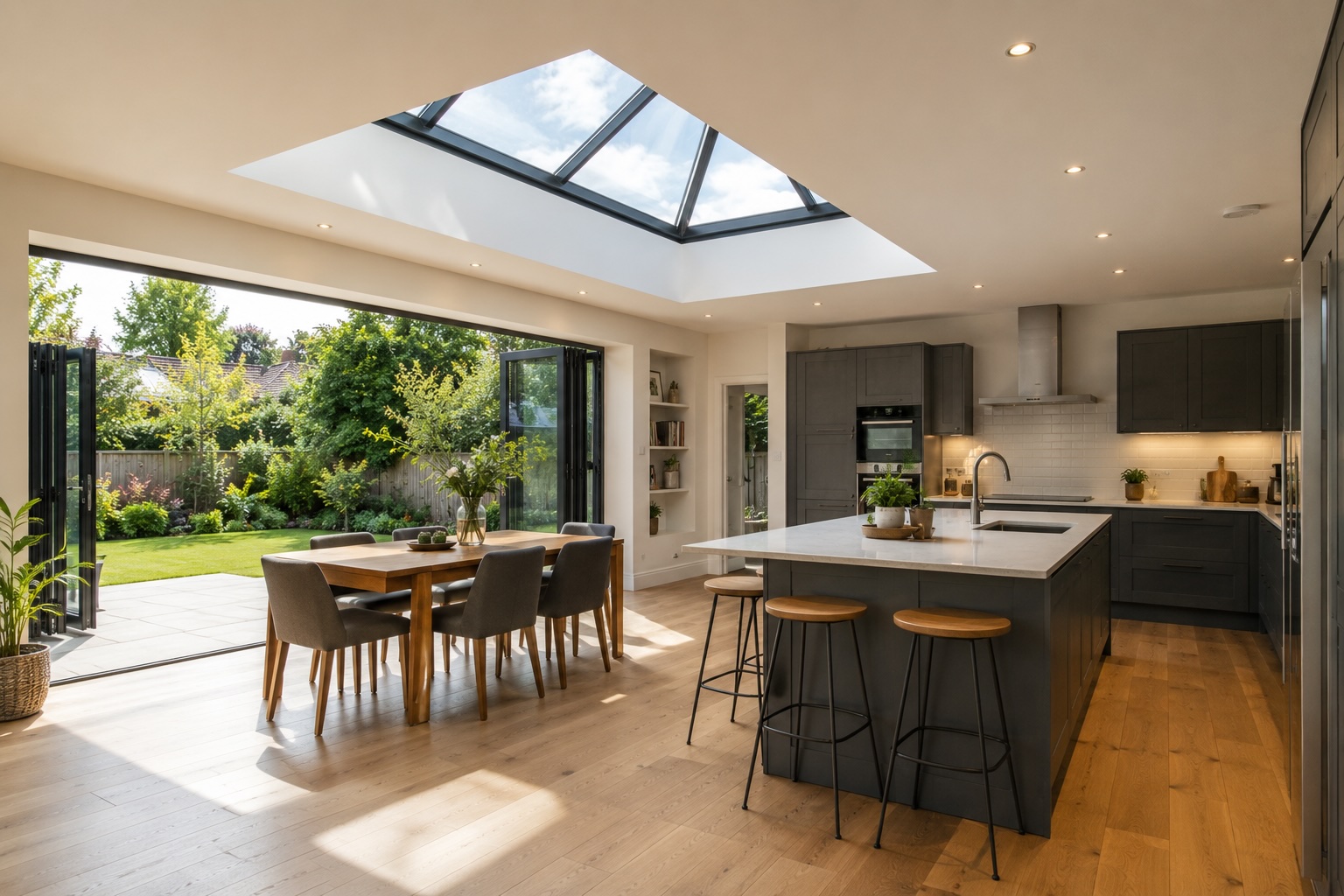 Finished Kent kitchen extension with roof lantern and bifold doors to the garden